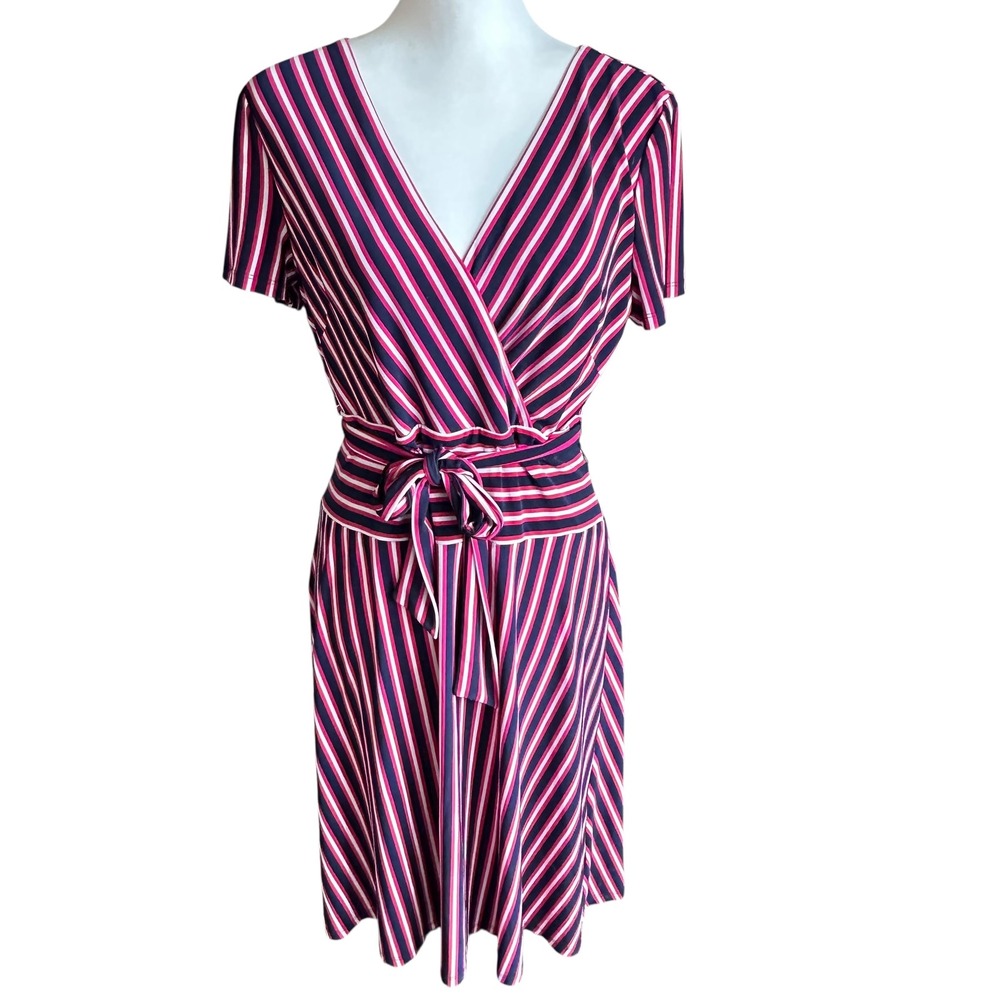 Lauren Ralph Lauren Pink and Navy Striped Wrap-Style Midi Dress